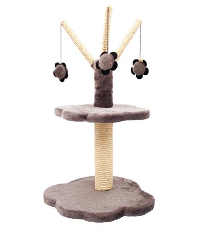 Two tier beige and grey scratcher post with hanging mobile