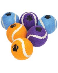 Six dog tennis balls with paw prints on 