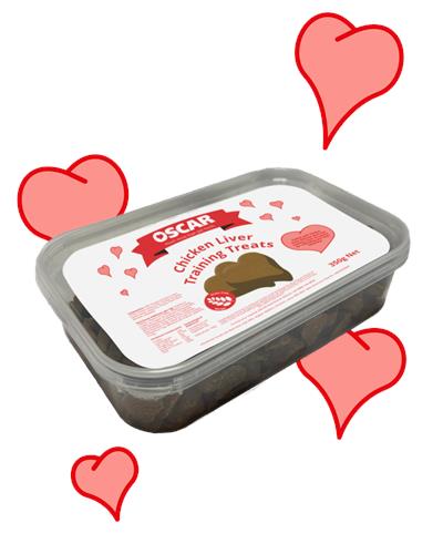 Photo of chicken with liver training treats heart packaging	