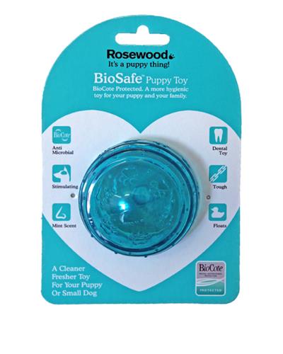 Rosewood biosafe puppy ball in blue in packet 