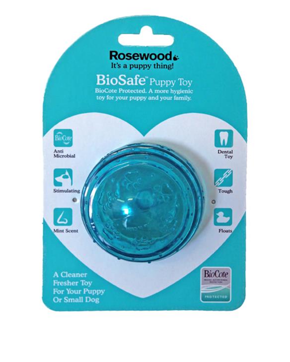 Rosewood biosafe puppy ball in blue in packet 