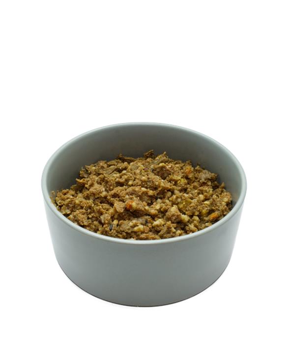 Bowl of adult wet duck with rice dog food