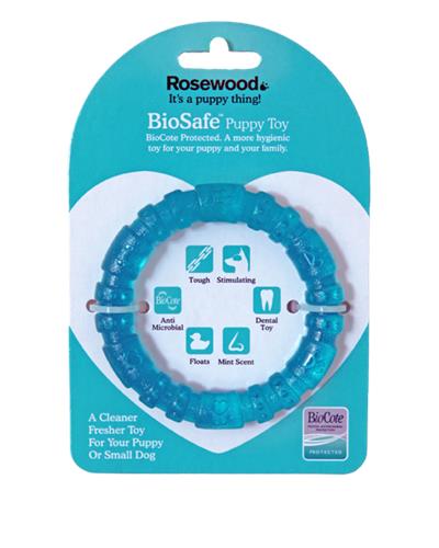 Blue biosafe puppy toy ring in packet 