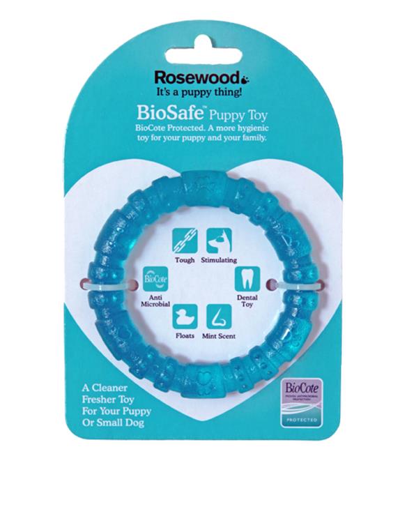 Blue biosafe puppy toy ring in packet 