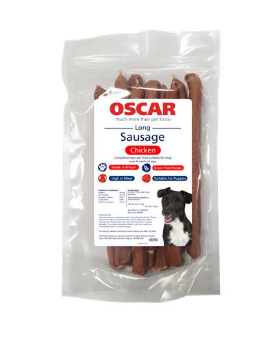 Bag of long sausage chicken dog treats	