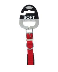 Close up on soft protection collar buckle in red