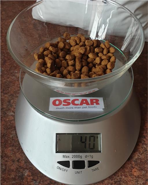 Weighing scales with dog food.